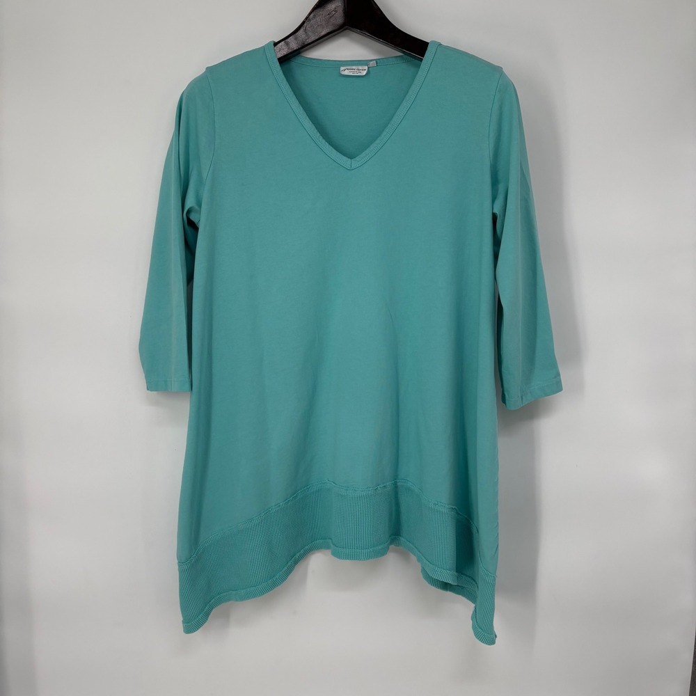 Prairie Cotton Womens Turquoise 3/4 Sleeve Sharkbite V-Neck Tunic Top‎ L Artsy